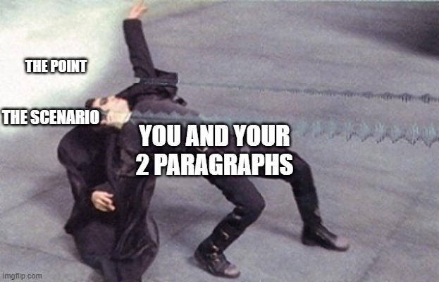 neo dodging a bullet matrix | THE POINT THE SCENARIO YOU AND YOUR 2 PARAGRAPHS | image tagged in neo dodging a bullet matrix | made w/ Imgflip meme maker