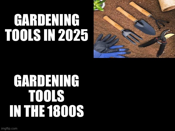 I wonder why i can't see anything there? | GARDENING TOOLS IN 2025; GARDENING TOOLS IN THE 1800S | image tagged in dark humor,black people,slavery,gardening | made w/ Imgflip meme maker