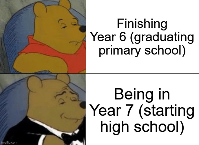 Tuxedo Winnie The Pooh Meme | Finishing Year 6 (graduating primary school); Being in Year 7 (starting high school) | image tagged in memes,tuxedo winnie the pooh | made w/ Imgflip meme maker
