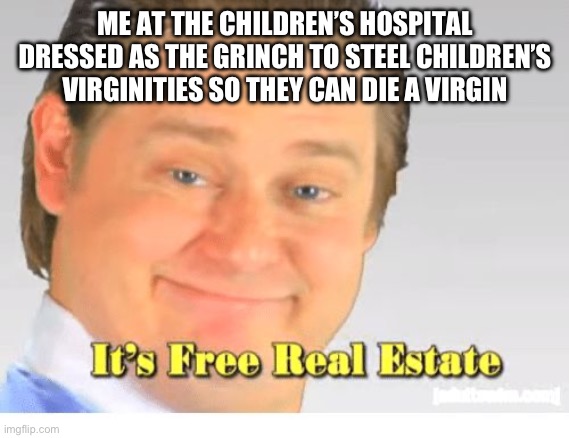 This a joke and someone is already doing it irl so this going to be a lit one | ME AT THE CHILDREN’S HOSPITAL DRESSED AS THE GRINCH TO STEEL CHILDREN’S VIRGINITIES SO THEY CAN DIE A VIRGIN | image tagged in it's free real estate | made w/ Imgflip meme maker