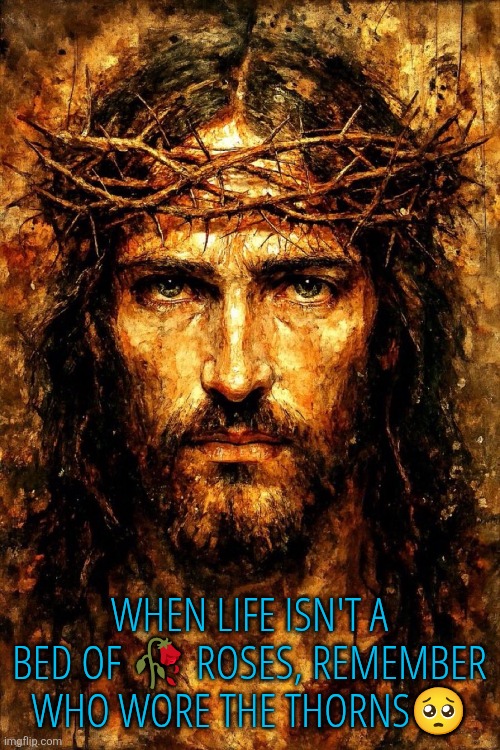 Wore thorns for us | WHEN LIFE ISN'T A BED OF 🥀 ROSES, REMEMBER WHO WORE THE THORNS🥺 | image tagged in jesus,suffering,sacrifice,salvation,truth | made w/ Imgflip meme maker
