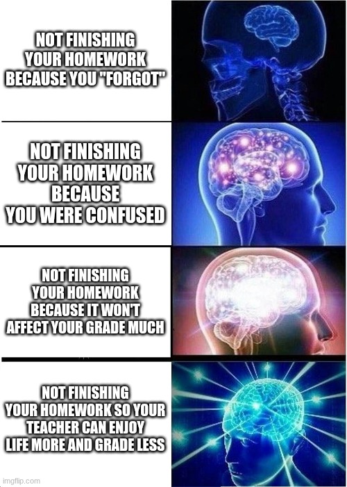 Schools Always Wanted Us to Consider Others' Feelings, Right? | NOT FINISHING YOUR HOMEWORK BECAUSE YOU "FORGOT"; NOT FINISHING YOUR HOMEWORK BECAUSE YOU WERE CONFUSED; NOT FINISHING YOUR HOMEWORK BECAUSE IT WON'T AFFECT YOUR GRADE MUCH; NOT FINISHING YOUR HOMEWORK SO YOUR TEACHER CAN ENJOY LIFE MORE AND GRADE LESS | image tagged in memes,expanding brain,homework | made w/ Imgflip meme maker