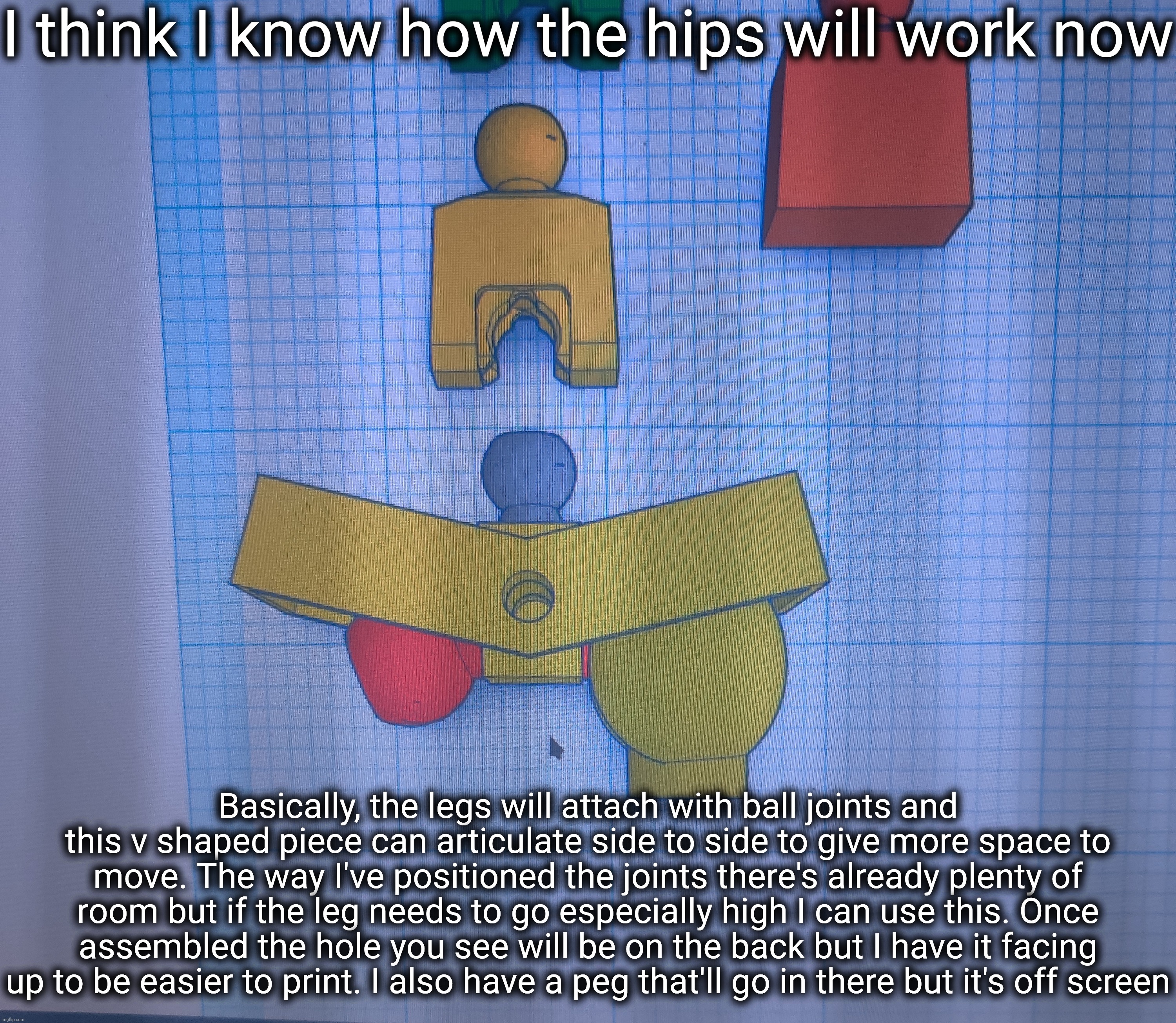 Hopefully this is the most difficult part and it's downhill from here | I think I know how the hips will work now; Basically, the legs will attach with ball joints and this v shaped piece can articulate side to side to give more space to move. The way I've positioned the joints there's already plenty of room but if the leg needs to go especially high I can use this. Once assembled the hole you see will be on the back but I have it facing up to be easier to print. I also have a peg that'll go in there but it's off screen | made w/ Imgflip meme maker