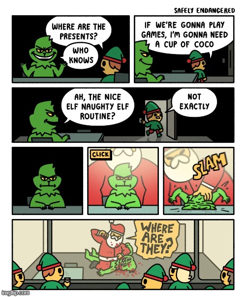 image tagged in christmas,how the grinch stole christmas,the grinch,elves,santa claus,fight | made w/ Imgflip meme maker