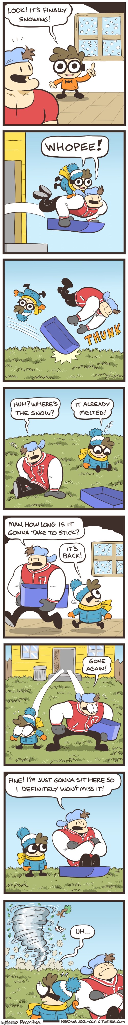 image tagged in nerd,jock,snowing,winter,tornado,uh oh | made w/ Imgflip meme maker