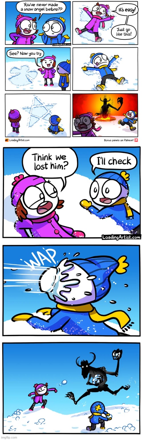 image tagged in snow,angel,snow angel,demon,snowball,snowball fight | made w/ Imgflip meme maker