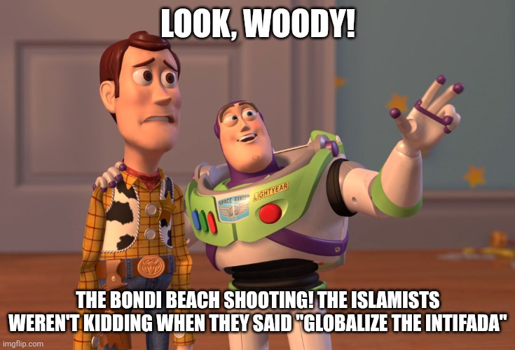 They weren't kidding when they said "Globalize the Intifada" | LOOK, WOODY! THE BONDI BEACH SHOOTING! THE ISLAMISTS WEREN'T KIDDING WHEN THEY SAID "GLOBALIZE THE INTIFADA" | image tagged in memes,x x everywhere | made w/ Imgflip meme maker