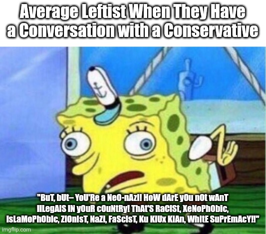 Average Leftist in a conversation with a Conservative | Average Leftist When They Have a Conversation with a Conservative; "BuT, bUt– YoU'Re a NeO-nAzI! HoW dArE yOu nOt wAnT IlLegAlS iN yOuR cOuNtRy! ThAt'S RaCiSt, XeNoPhObIc, IsLaMoPhObIc, ZiOnIsT, NaZi, FaScIsT, Ku KlUx KlAn, WhItE SuPrEmAcY!!" | image tagged in memes,mocking spongebob | made w/ Imgflip meme maker