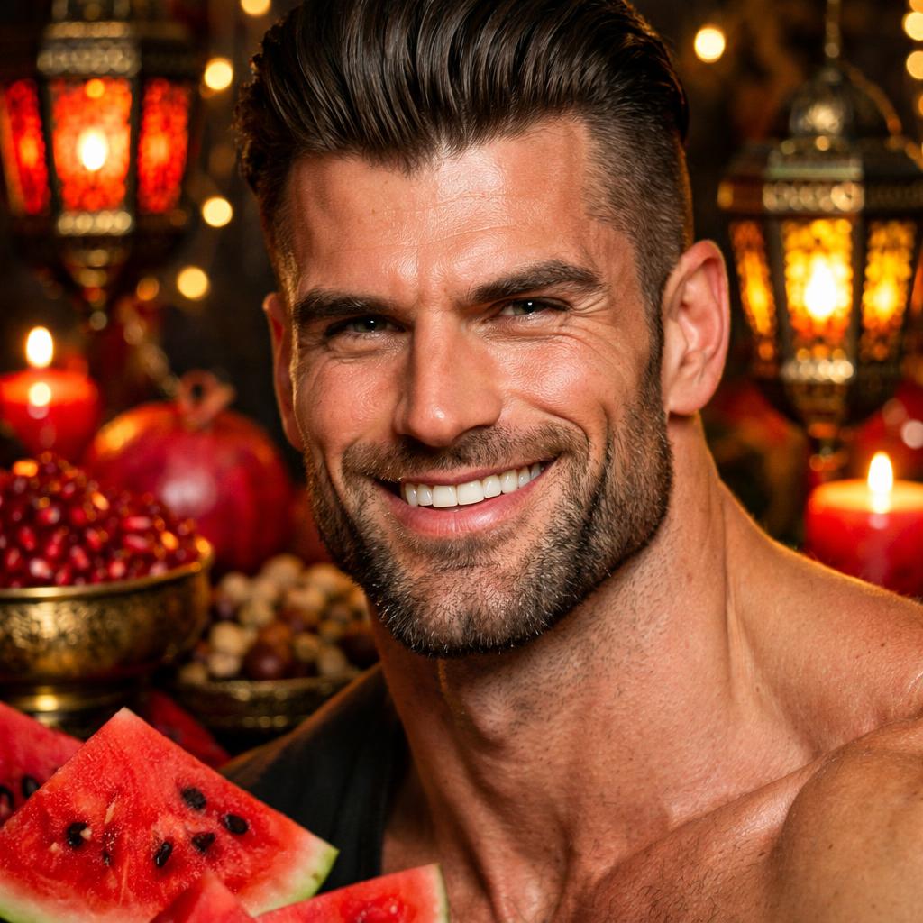 gigachad smileing with yalda night decration close up photo Blank Meme Template