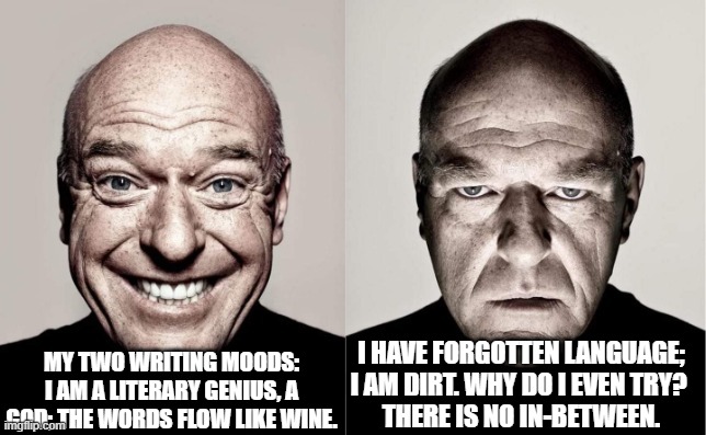 My Two Writing Moods | MY TWO WRITING MOODS:
​I AM A LITERARY GENIUS, A GOD; THE WORDS FLOW LIKE WINE. I HAVE FORGOTTEN LANGUAGE; I AM DIRT. WHY DO I EVEN TRY? 
​THERE IS NO IN-BETWEEN. | image tagged in hank | made w/ Imgflip meme maker