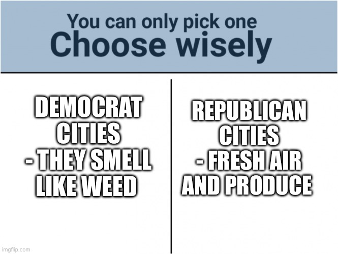 Democrats - they stink | REPUBLICAN CITIES - FRESH AIR AND PRODUCE; DEMOCRAT CITIES - THEY SMELL LIKE WEED | image tagged in you can pick only one choose wisely,would you rather,politics | made w/ Imgflip meme maker