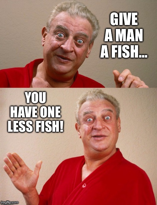 Classic Rodney | GIVE A MAN A FISH… YOU HAVE ONE LESS FISH! | image tagged in classic rodney | made w/ Imgflip meme maker