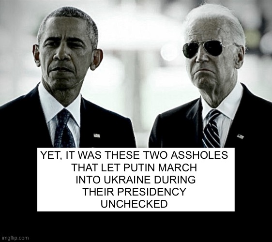 Obama Biden black and white | YET, IT WAS THESE TWO ASSHOLES 
THAT LET PUTIN MARCH 
INTO UKRAINE DURING
THEIR PRESIDENCY 
UNCHECKED | image tagged in obama biden black and white | made w/ Imgflip meme maker