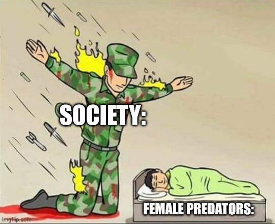 Soldier protecting sleeping child | SOCIETY:; FEMALE PREDATORS: | image tagged in soldier protecting sleeping child,dark memes,sad memes,dark | made w/ Imgflip meme maker