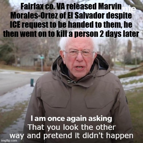 What's the definition of insanity again? | Fairfax co. VA released Marvin Morales-Ortez of El Salvador despite ICE request to be handed to them, he then went on to kill a person 2 days later; That you look the other way and pretend it didn't happen | image tagged in memes,illegal immigration,murder,ice | made w/ Imgflip meme maker