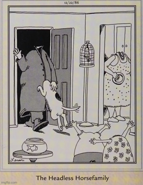 Who knew he had a family? | image tagged in the far side,comics,headless horseman,headless family | made w/ Imgflip meme maker