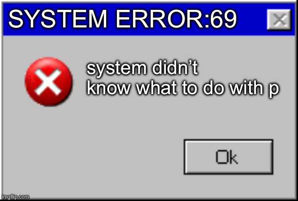 Windows Error Message | SYSTEM ERROR:69 system didn’t know what to do with p | image tagged in windows error message | made w/ Imgflip meme maker