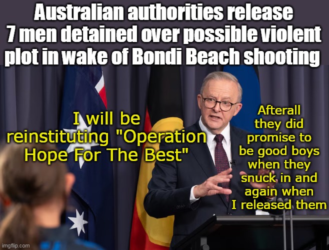 Gun Control     The Key is always Gun Control | Australian authorities release 7 men detained over possible violent plot in wake of Bondi Beach shooting; I will be reinstituting "Operation Hope For The Best"; Afterall they did promise to be good boys when they snuck in and again when I released them | image tagged in australia releases 7 terrorists meme | made w/ Imgflip meme maker