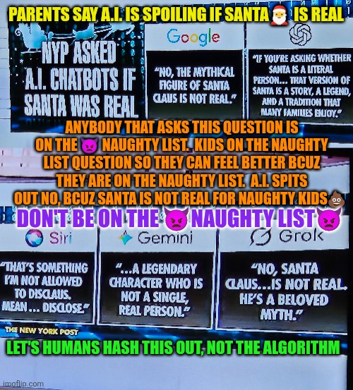 A.I. ruins Christmas Santa Claus myth | PARENTS SAY A.I. IS SPOILING IF SANTA🎅 IS REAL; ANYBODY THAT ASKS THIS QUESTION IS ON THE 👿 NAUGHTY LIST.  KIDS ON THE NAUGHTY LIST QUESTION SO THEY CAN FEEL BETTER BCUZ THEY ARE ON THE NAUGHTY LIST.  A.I. SPITS OUT NO, BCUZ SANTA IS NOT REAL FOR NAUGHTY KIDS💩; DON'T BE ON THE 👿NAUGHTY LIST👿; LET'S HUMANS HASH THIS OUT, NOT THE ALGORITHM | image tagged in santa claus,artificial intelligence,family,algorithm,traditions | made w/ Imgflip meme maker