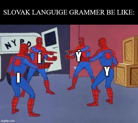 and the worst part is that there are like a milion rules that decide wich one to use | SLOVAK LANGUIGE GRAMMER BE LIKE:; Ý; Í; Y; I | image tagged in 4 spiderman pointing at each other,slovak | made w/ Imgflip meme maker