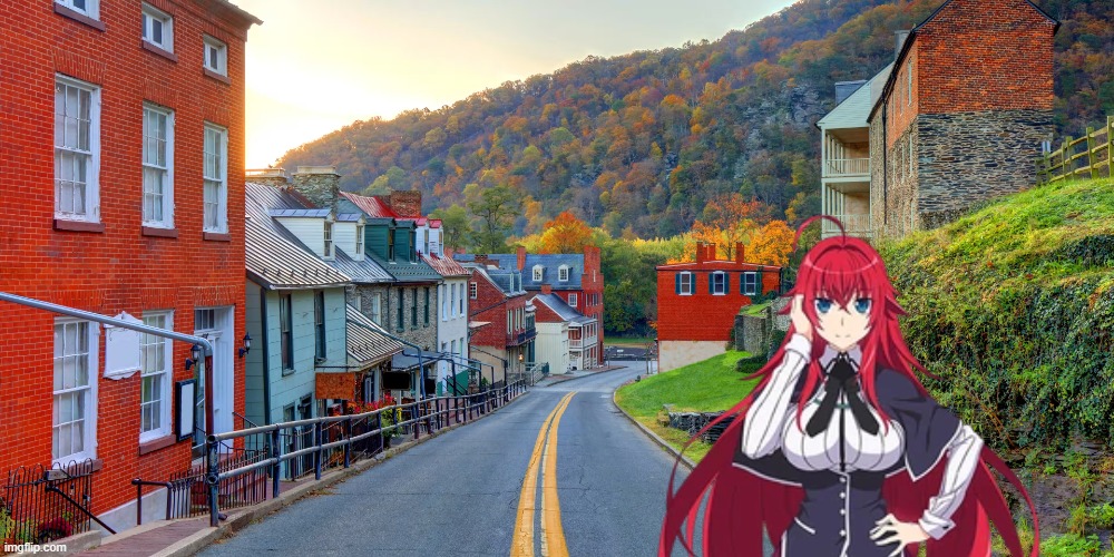 rias gremory in West Virginia (season 4 design looks kinda cringe) | image tagged in rias gremory,highschool dxd,anime,west virginia | made w/ Imgflip meme maker