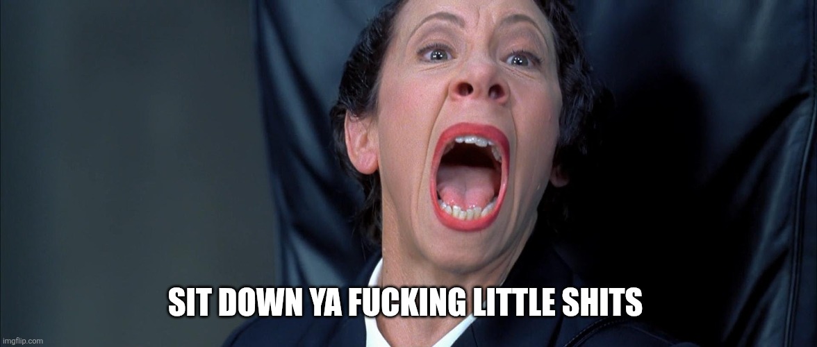 Frau Farbissina | SIT DOWN YA FUCKING LITTLE SHITS | image tagged in frau farbissina | made w/ Imgflip meme maker