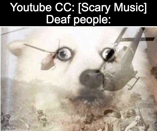 Youtube CC: [Scary Music]
Deaf people: | image tagged in vietnam dog | made w/ Imgflip meme maker
