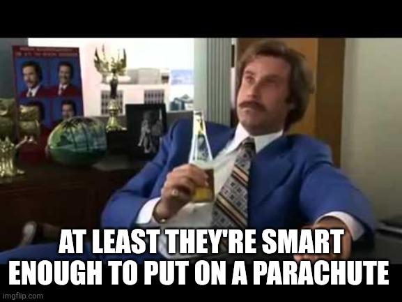 Well That Escalated Quickly Meme | AT LEAST THEY'RE SMART ENOUGH TO PUT ON A PARACHUTE | image tagged in memes,well that escalated quickly | made w/ Imgflip meme maker