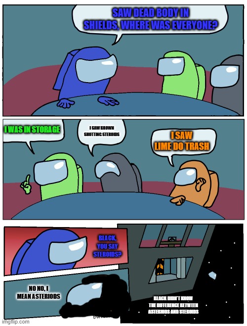 Know the difference | SAW DEAD BODY IN SHIELDS, WHERE WAS EVERYONE? I WAS IN STORAGE; I SAW BROWN SHOTTING STEROIDS; I SAW LIME DO TRASH; BLACK, YOU SAY STEROIDS? NO NO, I MEAN ASTERIODS; BLACK DIDN'T KNOW THE DIFFERENCE BETWEEN ASTERIODS AND STEROIDS | image tagged in among us meeting | made w/ Imgflip meme maker