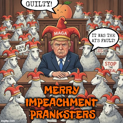 MERRY IMPEACHMENT PRANKSTERS | GUILTY! IT WAS THE AI'S FAULT! MERRY
IMPEACHMENT
 PRANKSTERS | image tagged in trump,maga,impeach,constitution,ai slop,guilty | made w/ Imgflip meme maker