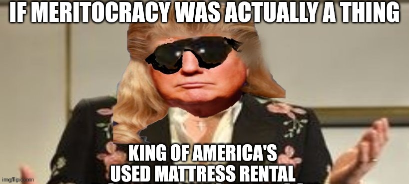 King of the losers | IF MERITOCRACY WAS ACTUALLY A THING; KING OF AMERICA'S 
USED MATTRESS RENTAL | image tagged in trump king of | made w/ Imgflip meme maker