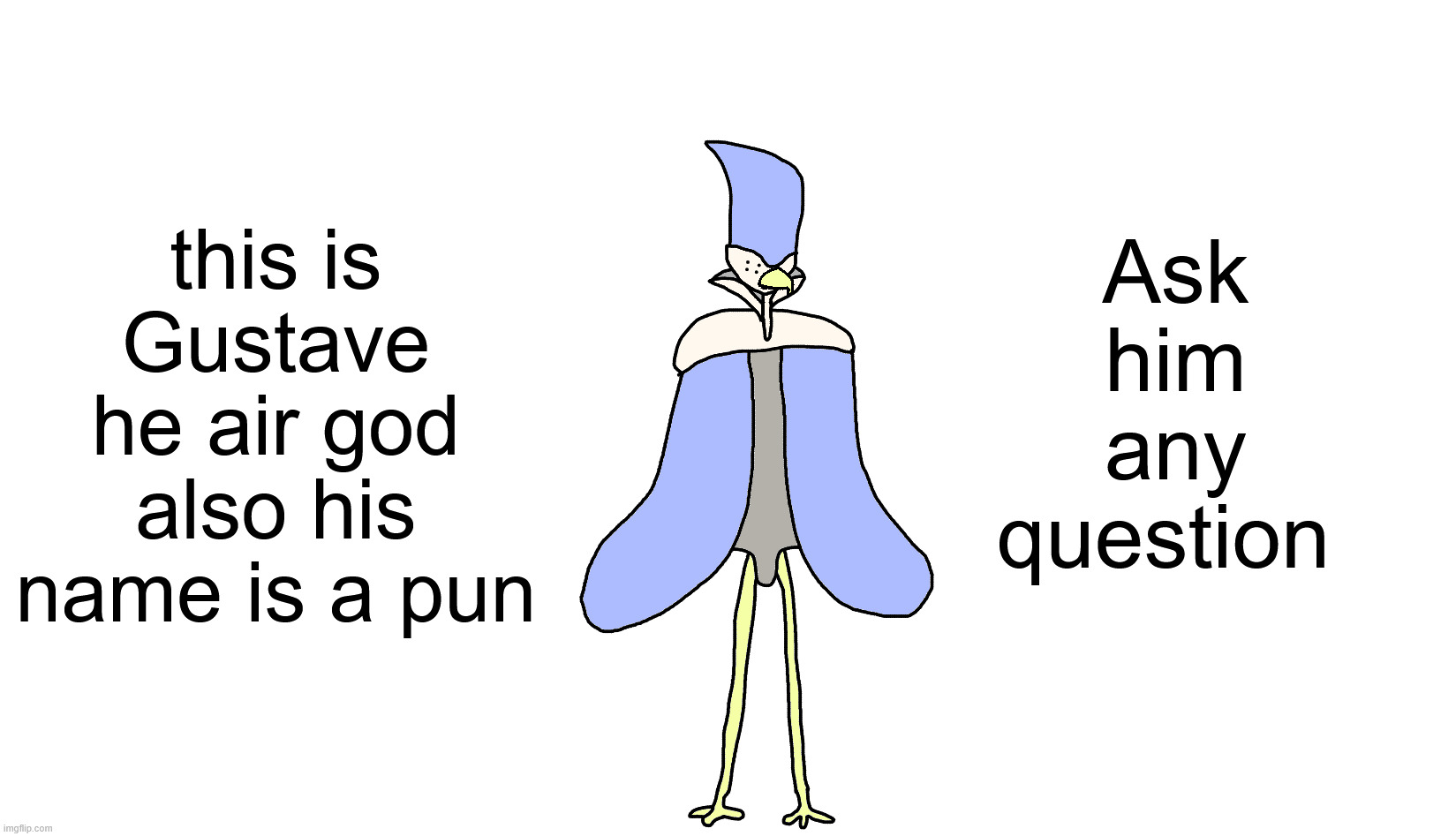 Gustave dude | Ask him any question; this is Gustave he air god
also his name is a pun | image tagged in original character | made w/ Imgflip meme maker