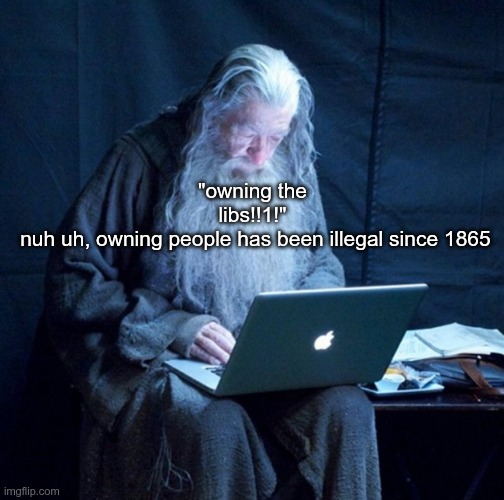 "owning the libs!!1!"
 nuh uh, owning people has been illegal since 1865 | made w/ Imgflip meme maker