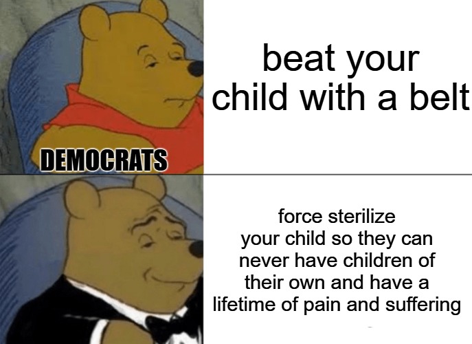 "Transing" your children is child abuse, but most Democrats think it's perfectly normal. They're abusers. | beat your child with a belt; DEMOCRATS; force sterilize your child so they can never have children of their own and have a lifetime of pain and suffering | image tagged in memes,tuxedo winnie the pooh,transgender,child abuse,democrats | made w/ Imgflip meme maker
