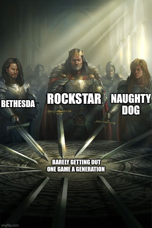 Knights of the Round Table | ROCKSTAR; BETHESDA; NAUGHTY DOG; BARELY GETTING OUT ONE GAME A GENERATION | image tagged in knights of the round table | made w/ Imgflip meme maker