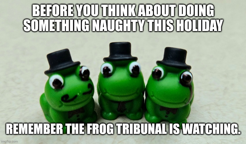 The Frog Tribunal is watching | BEFORE YOU THINK ABOUT DOING SOMETHING NAUGHTY THIS HOLIDAY; REMEMBER THE FROG TRIBUNAL IS WATCHING. | image tagged in frog tribunal is watching | made w/ Imgflip meme maker