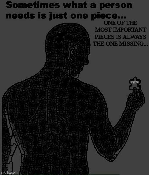 miss him/her   looking for the love of my life | ONE OF THE MOST IMPORTANT PIECES IS ALWAYS THE ONE MISSING... YOU | image tagged in sometimes what a person needs is just one piece,breakup,hard times,pushing through | made w/ Imgflip meme maker