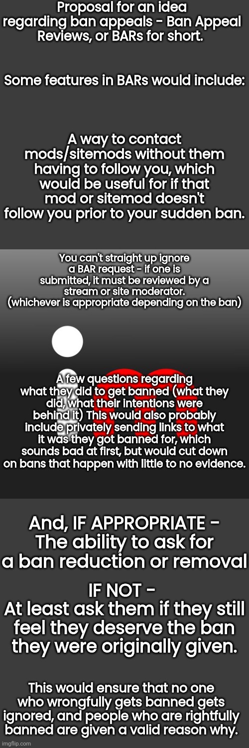 Another way to make sure these stay fair is to only let mods who have an unbiased moderation history do BARs | Proposal for an idea regarding ban appeals - Ban Appeal Reviews, or BARs for short. Some features in BARs would include:; A way to contact mods/sitemods without them having to follow you, which would be useful for if that mod or sitemod doesn't follow you prior to your sudden ban. You can't straight up ignore a BAR request - if one is submitted, it must be reviewed by a stream or site moderator.
(whichever is appropriate depending on the ban); A few questions regarding what they did to get banned (what they did, what their intentions were behind it) This would also probably include privately sending links to what it was they got banned for, which sounds bad at first, but would cut down on bans that happen with little to no evidence. And, IF APPROPRIATE -
The ability to ask for a ban reduction or removal; IF NOT - 
At least ask them if they still feel they deserve the ban they were originally given. This would ensure that no one who wrongfully gets banned gets ignored, and people who are rightfully banned are given a valid reason why. | image tagged in imgflip | made w/ Imgflip meme maker