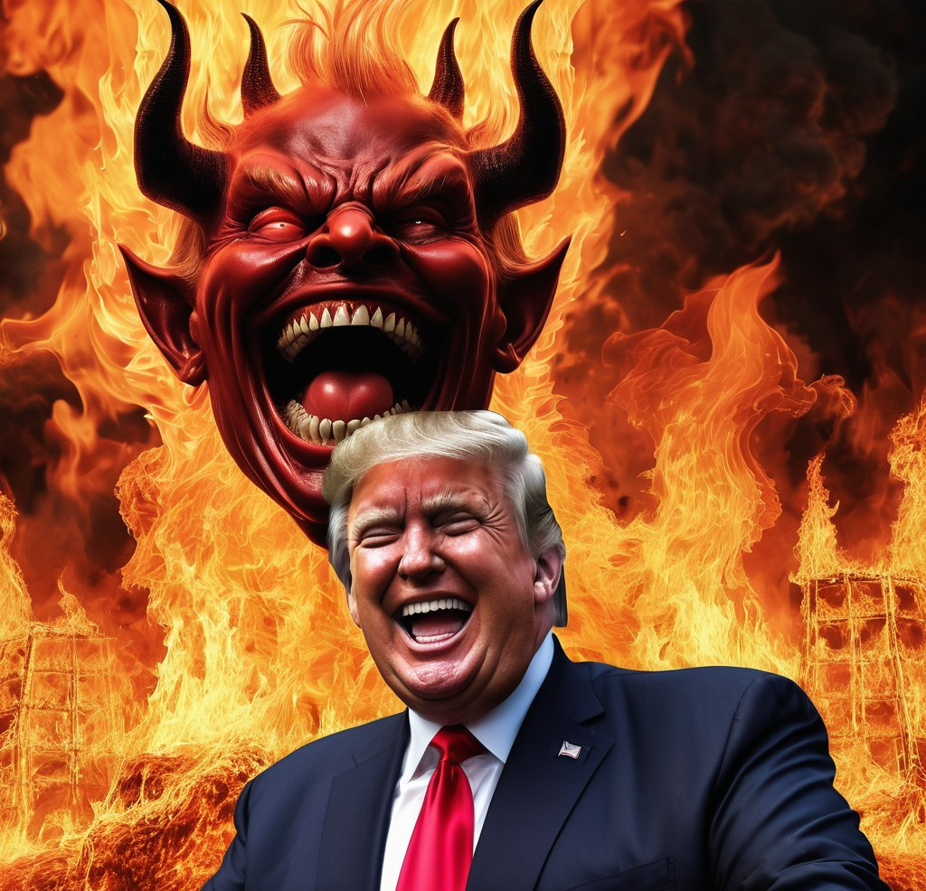 Donald Trump Satan laughing burning fire Hell Blank Meme Template