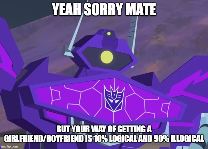 ooh | YEAH SORRY MATE; BUT YOUR WAY OF GETTING A GIRLFRIEND/BOYFRIEND IS 10% LOGICAL AND 90% ILLOGICAL | image tagged in shockwave sad,apology,relationships,rizz | made w/ Imgflip meme maker