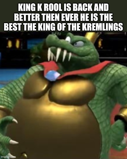 king k rool | KING K ROOL IS BACK AND BETTER THEN EVER HE IS THE BEST THE KING OF THE KREMLINGS | image tagged in king k rool | made w/ Imgflip meme maker