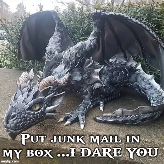Anti junk mail dragon | Put junk mail in my box ...I DARE YOU | image tagged in statue,figurine,dragon,sculpture | made w/ Imgflip meme maker