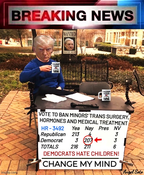 Breaking News Democrats hate children | VOTE TO BAN MINORS' TRANS SURGERY,
HORMONES AND MEDICAL TREATMENT; HR - 3492; Yea     Nay     Pres     NV
Republican      213         4                       3
Democrat            3      207                     3
TOTALS            216      211                      6; DEMOCRATS HATE CHILDREN! Angel Soto | image tagged in trump change my mind,change my mind,democrats,trans,sex change,congress | made w/ Imgflip meme maker
