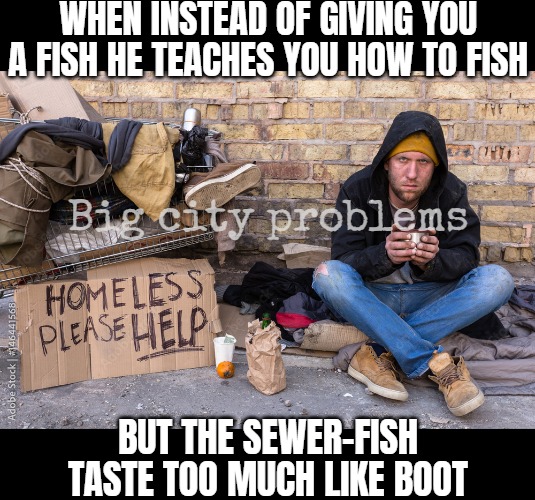 Homeless Man Help | WHEN INSTEAD OF GIVING YOU A FISH HE TEACHES YOU HOW TO FISH; Big city problems; BUT THE SEWER-FISH TASTE TOO MUCH LIKE BOOT | image tagged in homeless man help,funny | made w/ Imgflip meme maker