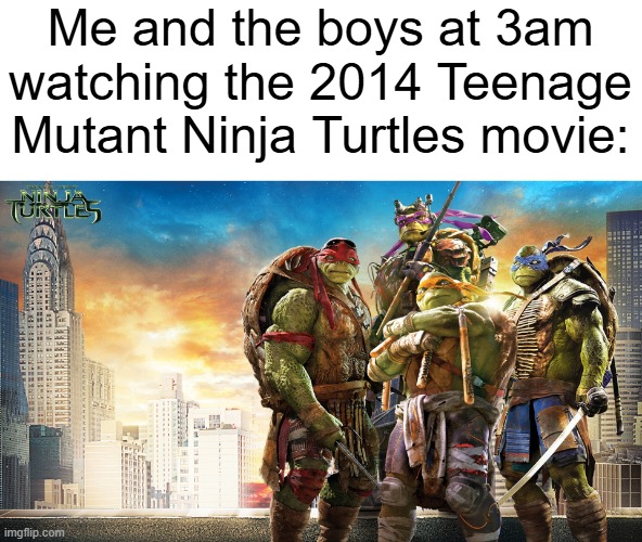 My boys are watching the 2014 Teenage Mutant Ninja Turtles movie | Me and the boys at 3am watching the 2014 Teenage Mutant Ninja Turtles movie: | image tagged in memes,funny,2014,me and the boys,teenage mutant ninja turtles,tmnt | made w/ Imgflip meme maker