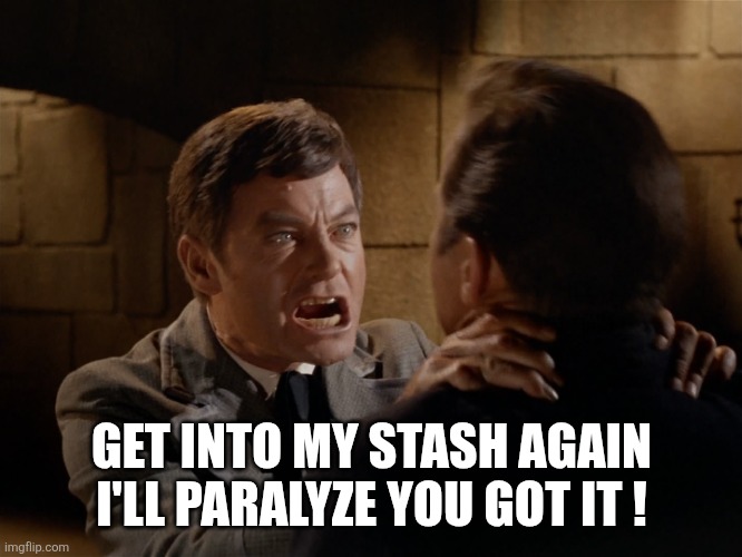 mccoy landru lawgivers | GET INTO MY STASH AGAIN I'LL PARALYZE YOU GOT IT ! | image tagged in mccoy landru lawgivers | made w/ Imgflip meme maker