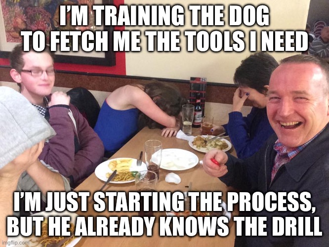 He knows | I’M TRAINING THE DOG TO FETCH ME THE TOOLS I NEED; I’M JUST STARTING THE PROCESS, BUT HE ALREADY KNOWS THE DRILL | image tagged in dad joke meme,drill,dad joke,dog,training | made w/ Imgflip meme maker