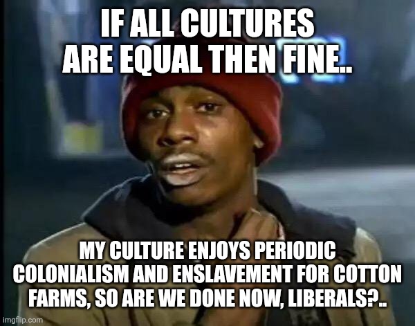 Y'all Got Any More Of That Meme | IF ALL CULTURES ARE EQUAL THEN FINE.. MY CULTURE ENJOYS PERIODIC COLONIALISM AND ENSLAVEMENT FOR COTTON FARMS, SO ARE WE DONE NOW, LIBERALS?.. | image tagged in memes,y'all got any more of that | made w/ Imgflip meme maker