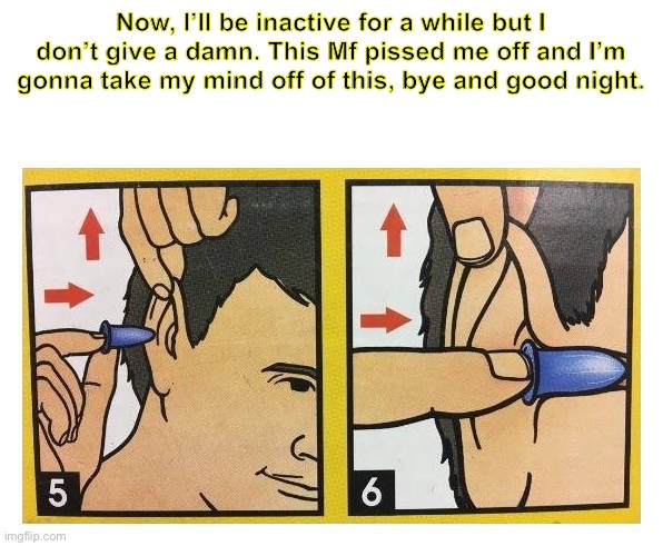 ear plugs | Now, I’ll be inactive for a while but I don’t give a damn. This Mf pissed me off and I’m gonna take my mind off of this, bye and good night. | image tagged in ear plugs | made w/ Imgflip meme maker