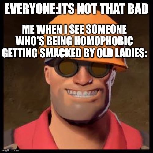 Lol,cause its true | EVERYONE:ITS NOT THAT BAD; ME WHEN I SEE SOMEONE WHO'S BEING HOMOPHOBIC GETTING SMACKED BY OLD LADIES: | image tagged in engineer tf2 | made w/ Imgflip meme maker